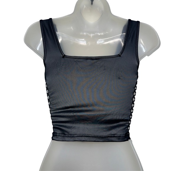 New Small Vegan Leather Goth Sleeveless Mesh Studded Crop Tank Top Bustier - Picture 4 of 5